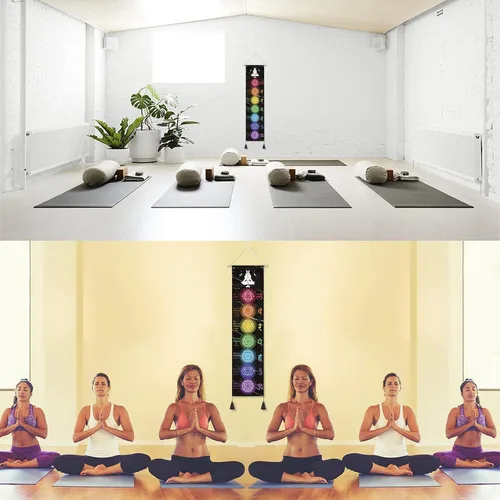 Miniatura 7 de DigiTizerArt Póster colgante en lienzo para meditación, 7 chakras y yoga, pintura tapiz colgante de pared blanco y negro 13.0 x 53.1 in (negro)