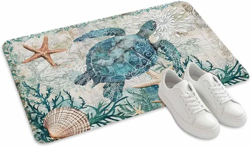 Miniatura 9 de Felpudo Mapa Náutico Tortuga Marina Azul Costera Tapetes de Bienvenida Alfombras Alfombra Exterior/Interior para Hogar/Oficina/Dormitorio, 18"x30