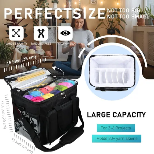 Miniatura 3 de Hoshin Bolsa de tejer para almacenamiento de hilos, organizador de bolsas de hilo de alta capacidad con divisor interior, portátil para llevar