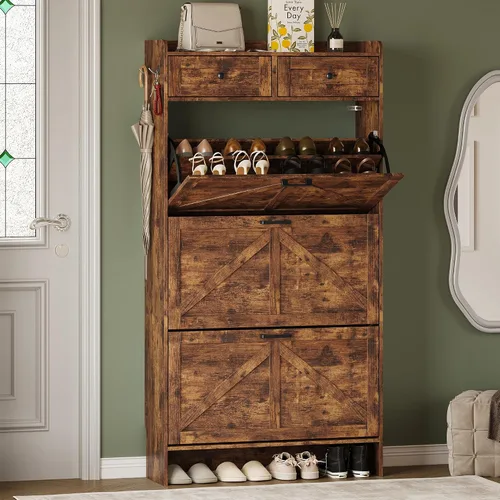 Miniatura 28 de BORNOON Gabinete de Almacenamiento de Zapatos para Entrada, Gabinete Estrecho de Zapatos Estilo Granja con 2 Cajones Abatibles y Cajones Superiores