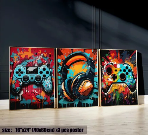 Miniatura 5 de PPV 3 piezas de arte de pared de juegos geniales, pósteres de videojuegos retro en acuarela, imágenes de gamepad de neón colorido, pintura en lienzo
