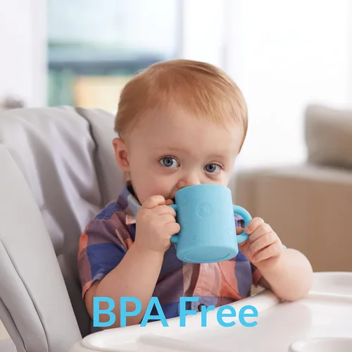Miniatura 2 de PopYum Taza de entrenamiento de silicona, paquete de 2, morado eléctrico y rosa orquídea Asas, sin BPA, entrenamiento de autoalimentación, vaso