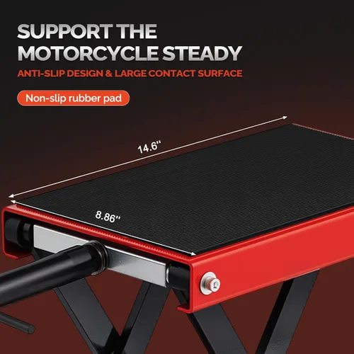 Miniatura 5 de TUFFIOM 1100LBS Gato de elevación de tijera para motocicleta, altura ajustable con superficie superior de goma y pin de seguridad, soporte central