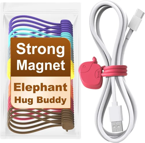 Encantadoras bridas magnéticas de elefante – Paquete de 24, organizadores de cable de silicona reutilizables para el hogar y la oficina, sujeción