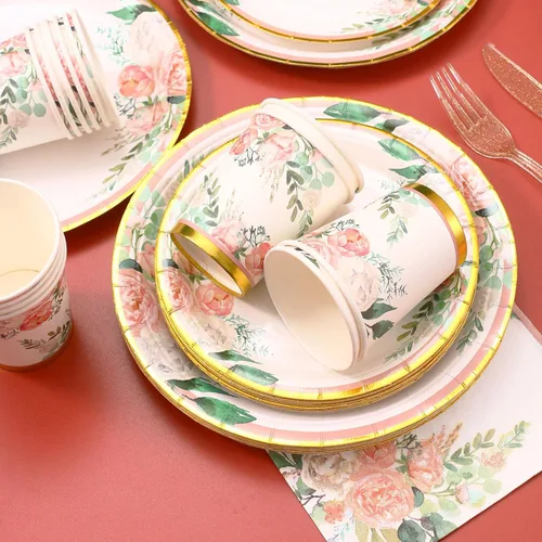 Miniatura 5 de HAPRAY - Conjunto floral de platos desechables y servilletas para 24 invitados, incluye platos, vasos, cuchillos, cucharas y tenedores para baby