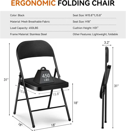 Miniatura 3 de Paquete de 2 sillas plegables con cojín acolchado, silla de metal con marco de acero resistente, capacidad de 450 libras y asiento cómodo, silla