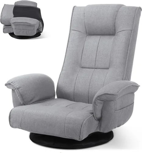 Miniatura 8 de Linen Fabric Ergonomic Gaming Chair, 6-Position Reclining Sofa Bed with Lumbar Support, Foldable Floor Lounger with Thick Cushion, Armrests & Side