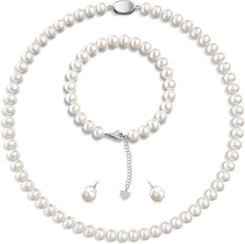 AOOVOO Genuine Freshwater Cultured Pearl Necklace and Earring Set Wedding Pearl Jewelry Sets for Bride Bridesmaid Women Girls in AAA Quality Mothers