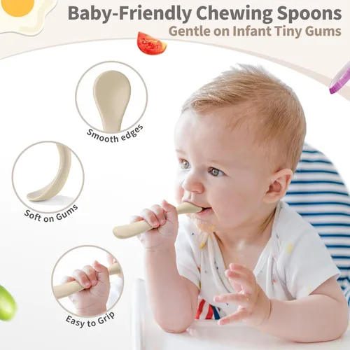 Miniatura 3 de DRKIO Cucharas de silicona para bebés de 8 piezas, cucharas para bebés, primera etapa, autoalimentación, suministros de destete para bebés