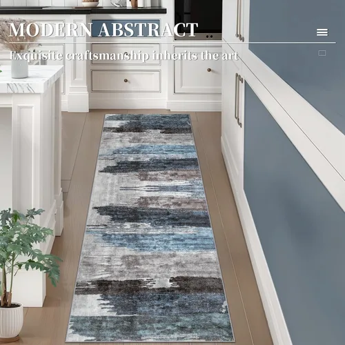 Miniatura 3 de Ciicool Alfombra de pasillo lavable de 2 x 6, alfombra moderna abstracta para pasillo, antideslizante, delgada, ligera, con estampado gris marino