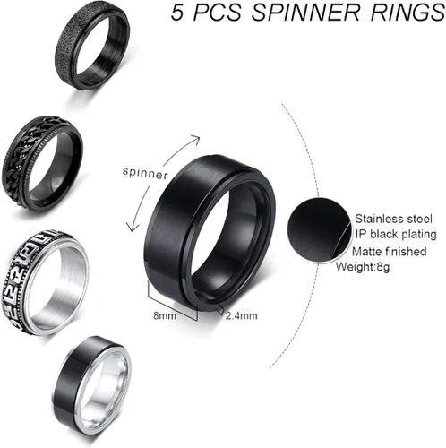 Miniatura 2 de WAINIS Juego de 8 anillos giratorios negros de acero inoxidable para hombres y mujeres anillos de ansiedad de liberación fresca Metal Zirconia cúbica