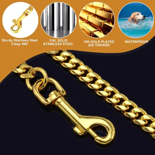 Miniatura 4 de Correa de cadena para perro de 3 pies y 4.3 pies, acero inoxidable de oro de 18 quilates, correa para perro de 0.472 in con cómodo mango de cuero