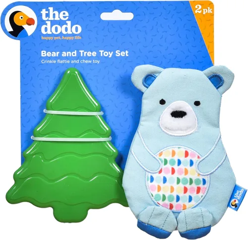 The Dodo Woodland Animals - Juego de 2 juguetes para perros sin relleno: oso y árbol; juguete para perros sin peluche chirriante + juguete Oso y