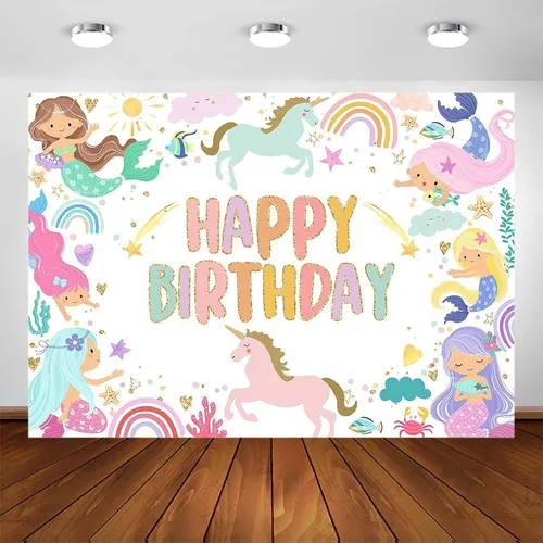 Miniatura 8 de Avezano Telón de fondo de cumpleaños de sirena y unicornio, decoración de fiesta de cumpleaños de sirena, arco iris, unicornio, decoración de fiesta