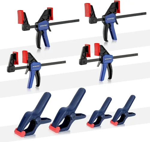 WORKPRO Juego de 8 abrazaderas para carpintería, paquete de 4 abrazaderas de mini barra de 4-1/2 pulgadas y 4 abrazaderas de resorte, Azul