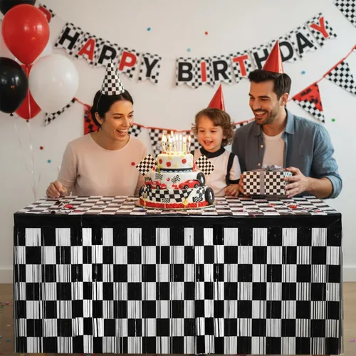 Miniatura 2 de Falda de mesa metálica de oropel con flecos de oropel de carreras para decoración de fiesta de cumpleaños, paquete de 2 cortinas de mesa de 29.5 x