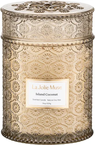 LA JOLIE MUSE Vela de vainilla y coco – Coco, freesia y vainilla | Vela de mecha de madera grande de 19 oz | Cera de soja natural | 90 horas de Isla
