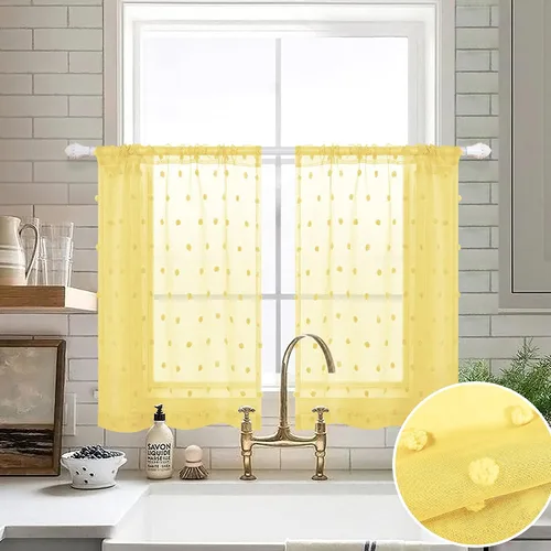 Miniatura 2 de Cortinas cortas amarillas de 30 pulgadas de largo para ventanas de cocina, juego de 2 unidades de cortinas transparentes con bolsillo para barra