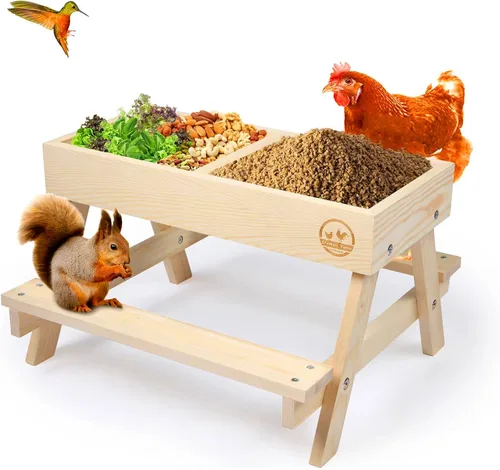 Miniatura 9 de Mesa de pollo sin residuos, comedero de picnic de pollo hecho a mano de madera carbonizada, kit grande de comedero de pollo para bricolaje, Madera