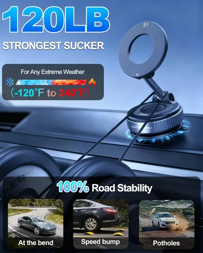Miniatura 3 de Soporte magnético de teléfono de coche al vacío mejorado para tu automóvil [120 libras de ventosa ultra y imán de 3000 gf] Soporte de teléfono