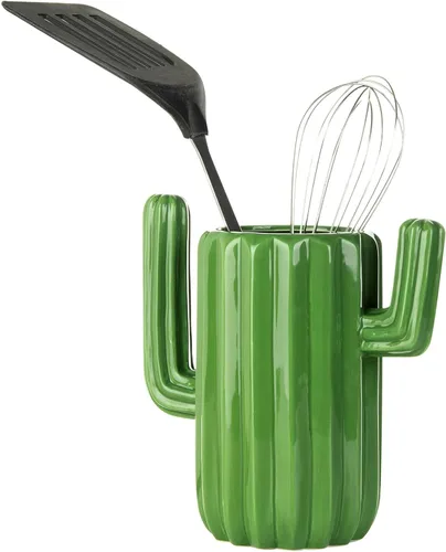 Miniatura 4 de MyGift Soporte de cerámica para utensilios de cactus, vajilla verde del suroeste, organizador de cocina duradero para cucharas, pinceles, desierto