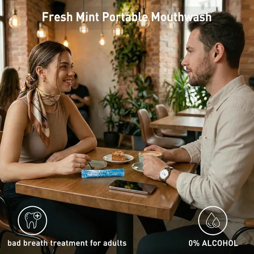 Miniatura 5 de Enjuague bucal tamaño de viaje, enjuague bucal portátil para aliento fresco, sin alcohol, sabor a menta helada, paquete mini – para llevar frescura