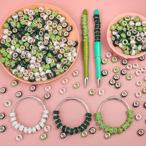 Miniatura 4 de ZYEHXED 200 cuentas espaciadoras europeas de agujeros grandes, cuentas verdes europeas para manualidades con diamantes de imitación, cuentas