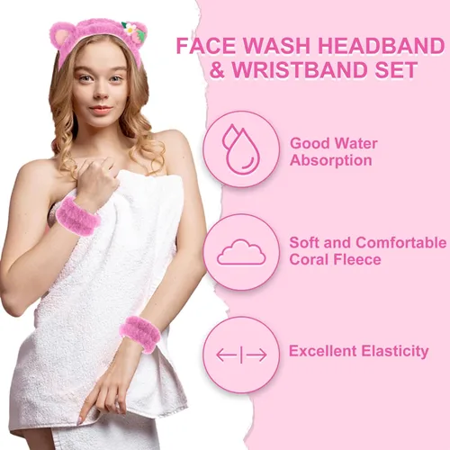 Miniatura 4 de CAVETEE Diadema, juego de 3 piezas de diadema y pulsera de oso de peluche rosa esponjoso para maquillaje para mujeres, juego de diadema y pulsera