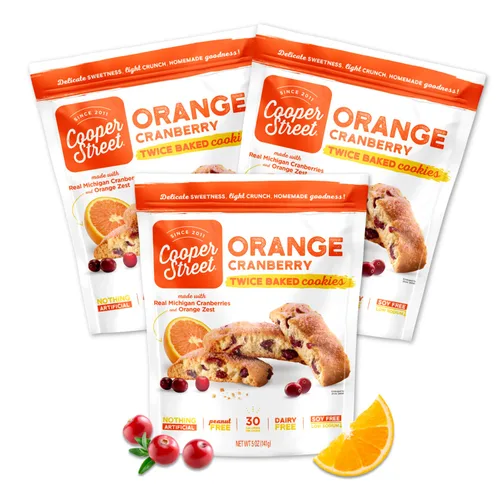Cooper Street Galletas crujientes horneadas dos veces naturales, sin maní ni lácteos, estilo biscotti, 18 onzas, naranja y arándano (18 onzas