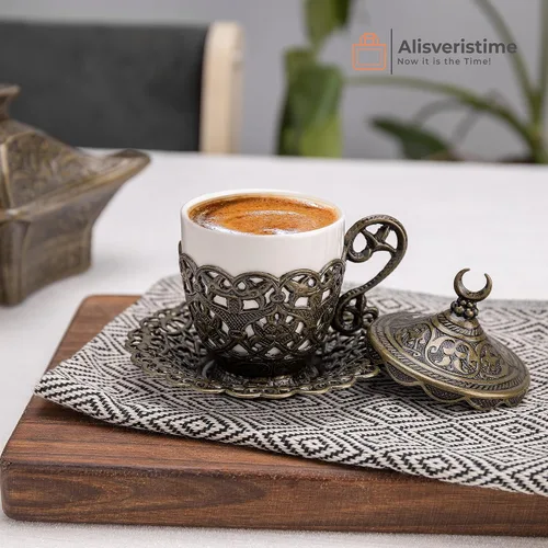 Alisveristime (1 pieza de taza de café turco - Diseño tradicional con motivo de media luna, taza de porcelana y platillo para café turco, griego,
