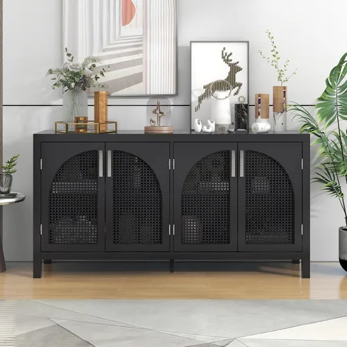 Aparador de madera con puerta de ratán artificial y asas de metal, 4 puertas y estante ajustable, mesa de consola para comedor, sala de estar,