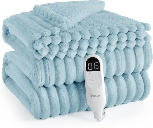 Miniatura 23 de Bedsure Manta eléctrica individual – Manta eléctrica de franela gruesa a rayas, calefacción con 6 ajustes de tiempo (hasta 10 horas), 6 ajustes