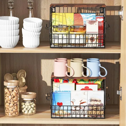 Miniatura 5 de Frutero apilable para encimera de cocina, cesta colgante montada en pared, cesta de alambre con tapa de madera con ganchos para colgar plátanos