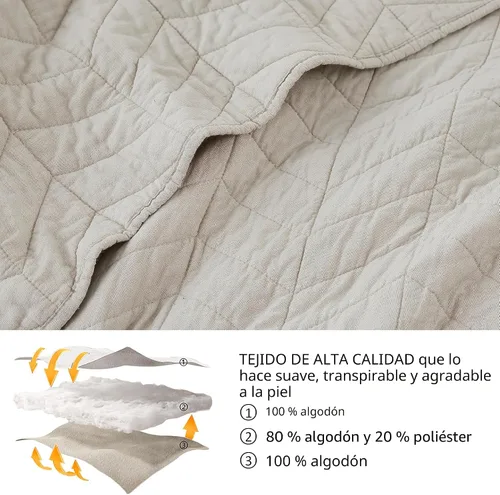 Miniatura 4 de palassio Juego de ropa de cama de algodón beige tamaño Queen con fundas de almohada, colcha ligera y suave, funda de edredón acolchada color crema