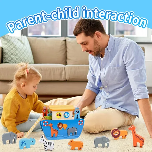 Miniatura 3 de KMTJT Juego de animales de juguete de madera del arca de Noé para niños pequeños, regalos de bautismo para niños de 1, 2, 3, clasificador de formas