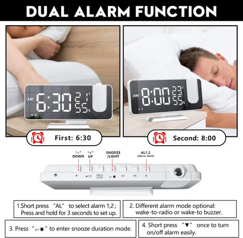 Miniatura 6 de ThreeH Reloj despertador de proyección con cargador USB Proyector giratorio de 180° Reloj despertador con radio FM Pantalla de espejo de 7.4