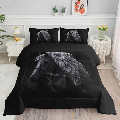 Datura home - Juego de ropa de cama con edredón estampado de caballo negro, patrón de caballo oscuro, juego de ropa de cama con funda de edredón