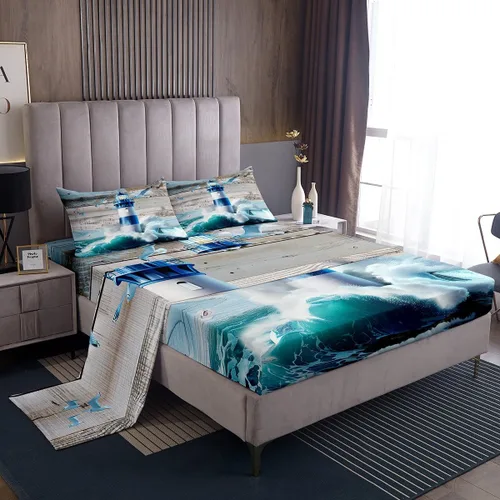 Miniatura 7 de Erosebridal Juego de sábanas de ballena náutica, tamaño individual, juego de ropa de cama vintage azul con ondas oceánicas para niños y niñas