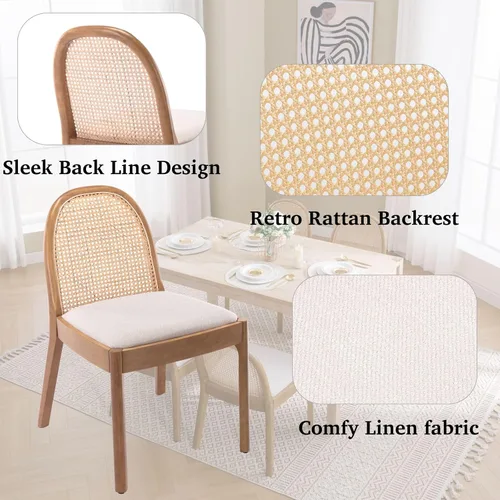 Miniatura 3 de LukeAlon Juego de 2 sillas de comedor de lino, sillas laterales de caña tejida natural con patas de madera maciza, sillas de comedor de mediados