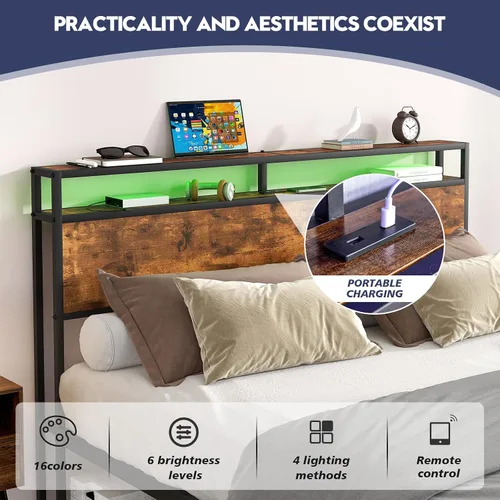 Miniatura 7 de Base de cama Queen con luces LED, cabecera de almacenamiento industrial con estación de carga y puerto USB, marco de cama industrial moderno