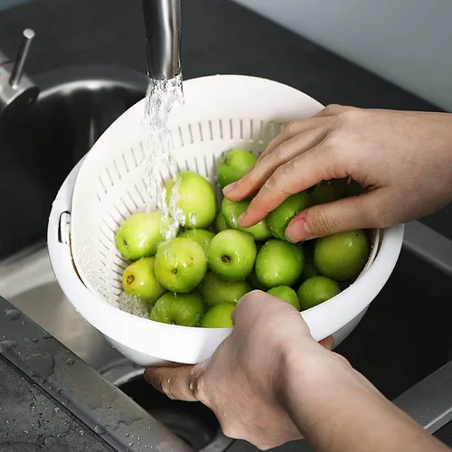 Miniatura 4 de Cesta de drenaje doble Verduras Cesta de frutas giratorio Arroz Lavabo Colador de cocina Colador Colador (blanco)