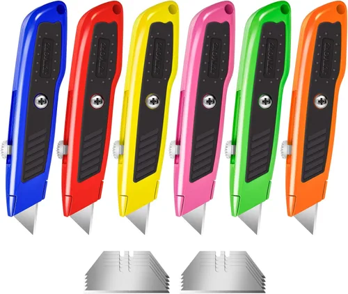 Jetmore Paquete de 6 cuchillos utilitarios, cortador de caja retráctil colorido con 10 cuchillas SK5, cuchillo de afeitar resistente para cartón,
