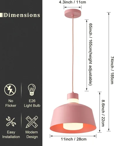 Miniatura 5 de ANYLOVE Macaron - Lámpara colgante de isla de cocina, lámparas colgantes rosas de 11 pulgadas con pantalla de vidrio esmerilado, altura ajustable