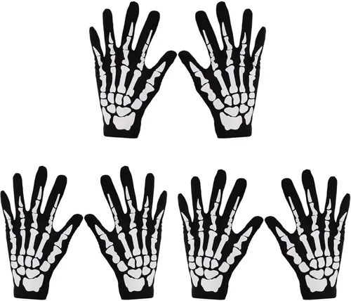 Nyicey 3 pares de guantes de esqueleto, calavera, medio fantasma, huesos para adultos, fiesta de disfraces de baile de Halloween, Negro -
