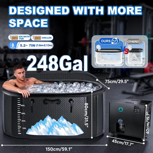 Miniatura 3 de Bañera fría con enfriador de 1 HP y sistema de calefacción, bañera de hielo portátil inflable de 248 galones con tapa aislada, UV, control