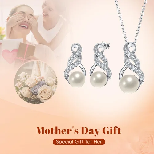 Miniatura 5 de EleQueen 925 plata de ley CZ perlas cultivadas de agua dulce colgante nupcial collar pendientes conjuntos de joyería de boda, día de San ValentínDía