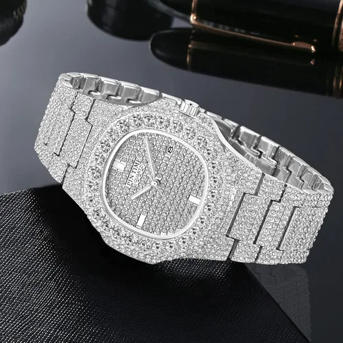 Miniatura 28 de Gosasa Reloj de pulsera unisex de cristal para hombre y mujer, reloj cubano con brillo completo, oblongo de plata/oro, reloj de pulsera de acero