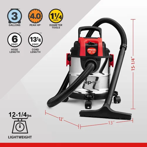 Miniatura 4 de Shop-Vac Aspiradora húmeda/seca de 3 galones y 4.0 HP con función de soplador, tanque de acero inoxidable, aspiradora portátil con ruedas, incluye