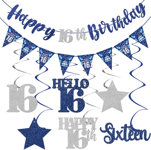 Miniatura 12 de Decoración de cumpleaños número 18 azul y plateado para niños y niñas, pancarta de feliz cumpleaños 18 con estrellas de dieciocho años de edad
