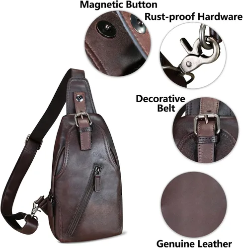 Miniatura 6 de Bolso bandolera de cuero genuino para mujeres y hombres, estilo vintage, de cuero real, a la moda, bandolera, Café